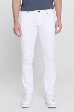 Erkek Beyaz 360 Derece Her Yöne Esneyen Slim Fit Dar Kesim Diyagonal Desenli Pantolon