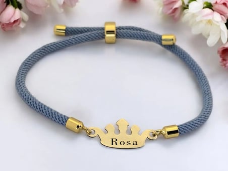 14 Ayar Altın Plakalı Rosa İsmine Özel Taç Motifli Mavi İpek Örgülü Hediye Bileklik-620