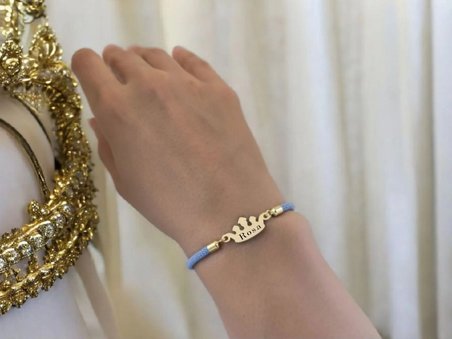 14 Ayar Altın Plakalı Rosa İsmine Özel Taç Motifli Mavi İpek Örgülü Hediye Bileklik-620