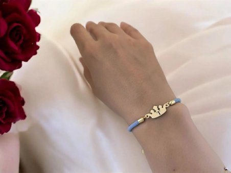 14 Ayar Altın Plakalı T Harfine Özel Taç Motifli Mavi İpek Örgülü Hediye Bileklik-620