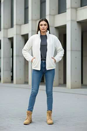 Kadın Oversize Peluş, Polar, Fermuarlı, Teddy Dik Yaka, Sıcak Tutucu Yumuşak Kışlık Ceket