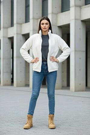 Kadın Oversize Peluş, Polar, Fermuarlı, Teddy Dik Yaka, Sıcak Tutucu Yumuşak Kışlık Ceket