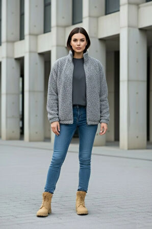 Kadın Oversize Peluş, Polar, Fermuarlı, Teddy Dik Yaka, Sıcak Tutucu Yumuşak Kışlık Ceket