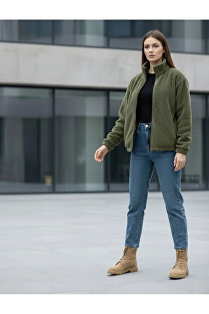 Kadın Oversize Peluş, Polar, Fermuarlı, Teddy Dik Yaka, Sıcak Tutucu Yumuşak Kışlık Ceket