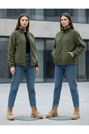 Kadın Oversize Peluş, Polar, Fermuarlı, Teddy Dik Yaka, Sıcak Tutucu Yumuşak Kışlık Ceket
