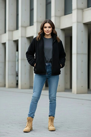 Kadın Oversize Peluş, Polar, Fermuarlı, Teddy Dik Yaka, Sıcak Tutucu Yumuşak Kışlık Ceket