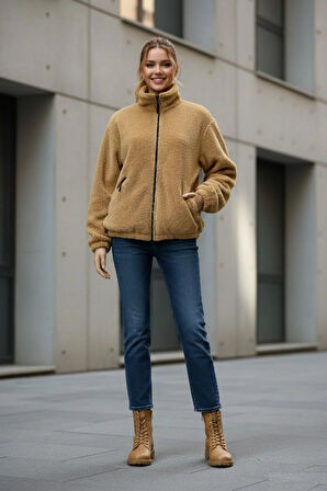 Kadın Oversize Peluş, Polar, Fermuarlı, Teddy Dik Yaka, Sıcak Tutucu Yumuşak Kışlık Ceket