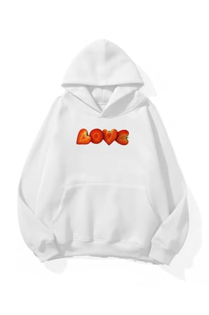 Unisex Yumuşak Dokulu Love Çilek Baskılı Tasarım Oversize 3 İplik Hoodie Sweatshirt