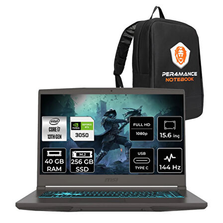 MSI Thin 15 i7 13620H 40GB 256GB SSD RTX3050/4GB 15.6" FHD 144HZ FDOS Gaming Laptop & PER4 ÇANTA