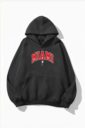 Unisex Yumuşak Dokulu Miami Baskılı Tasarım Oversize 3 İplik Hoodie Sweatshirt