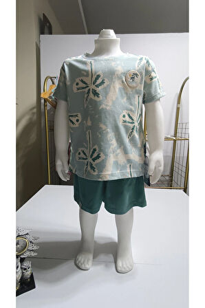 Çocuk Unisex Kız Erkek Şortlu Alt Üst Takım Kreş %100 Pamuk Rahat Tarz Tasarım Premium, Haki