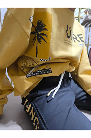 Erkek Kız Çocuk Alt Üst Takım Unisex Uzun Kollu Eşofman Rahat Spor Şık Modern Tasarım Ribanalı