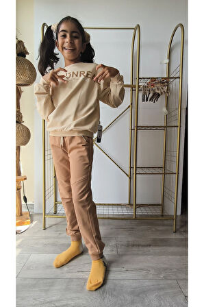 Kız Çocuk Alt Üst Takım Unisex Uzun Kollu Eşofman Rahat Spor Şık Modern Tasarım Ribanalı