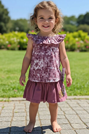 Kız Çocuk Etek-Tişört Takım, %100 Pamuk Nefes Alan, Lastikli Straplez, Tarz, Pileli