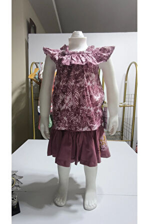 Kız Çocuk Etek-Tişört Takım, %100 Pamuk Nefes Alan, Lastikli Straplez, Tarz, Pileli