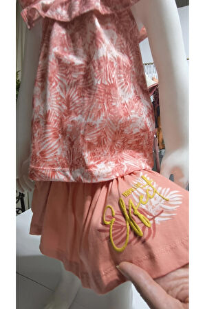 Kız Çocuk Etek-Tişört Takım, %100 Pamuk Nefes Alan, Lastikli Straplez, Tarz, Pileli