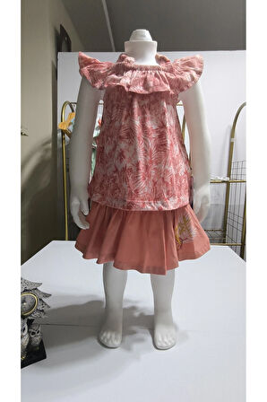 Kız Çocuk Etek-Tişört Takım, %100 Pamuk Nefes Alan, Lastikli Straplez, Tarz, Pileli