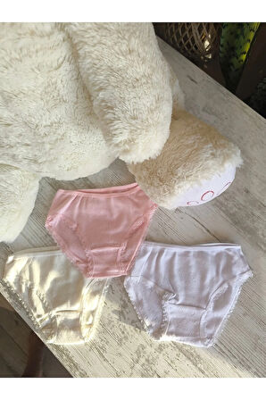 Kız Çocuk Külot 3'lü Jakarlı Terletmez %100 Pamuk Beyaz Krem Pembe