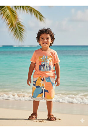 Çocuk Unisex Kız Erkek Şortlu Alt Üst Takım Kreş %100 Pamuk Rahat Tarz Tasarım Premium, Turuncu