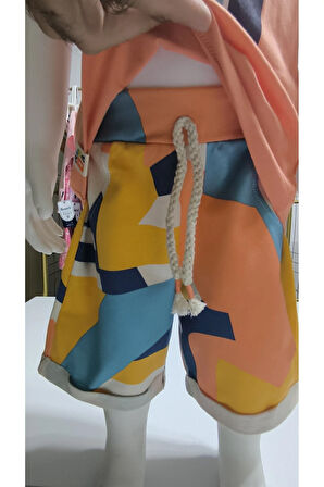 Çocuk Unisex Kız Erkek Şortlu Alt Üst Takım Kreş %100 Pamuk Rahat Tarz Tasarım Premium, Turuncu