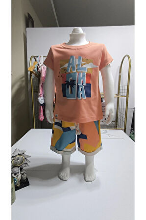 Çocuk Unisex Kız Erkek Şortlu Alt Üst Takım Kreş %100 Pamuk Rahat Tarz Tasarım Premium, Turuncu