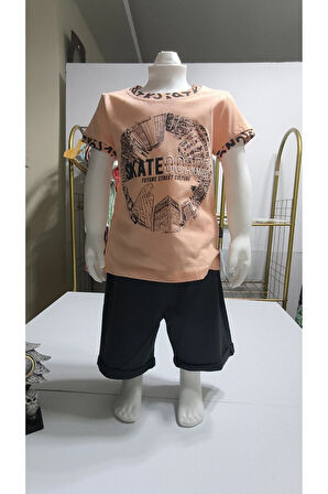 Çocuk Unisex Kız Erkek Şortlu Alt Üst Takım Kreş %100 Pamuk Rahat Tarz Tasarım Premium, somon