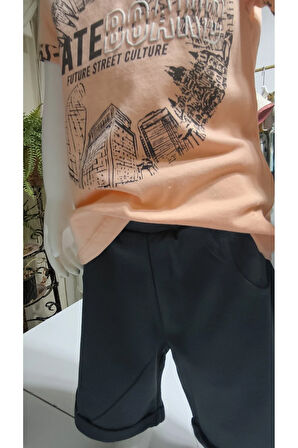 Çocuk Unisex Kız Erkek Şortlu Alt Üst Takım Kreş %100 Pamuk Rahat Tarz Tasarım Premium, somon