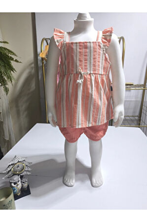 Kız Bebek Alt-Üst Şortlu Takım %100 Pamuk Müslin Tarz Tasarım Premium, Lila Şeftali