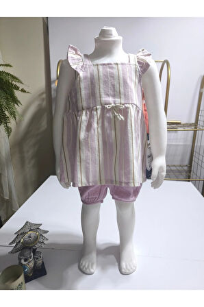 Kız Bebek Alt-Üst Şortlu Takım %100 Pamuk Müslin Tarz Tasarım Premium, Lila Şeftali