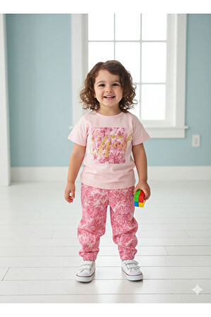 Kız Çocuk Pantolon Tişört Takım %100 Pamuk Nefes Alan Rahat Tarz Tasarım Cepli