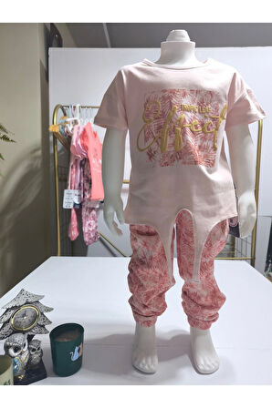 Kız Çocuk Pantolon Tişört Takım %100 Pamuk Nefes Alan Rahat Tarz Tasarım Cepli