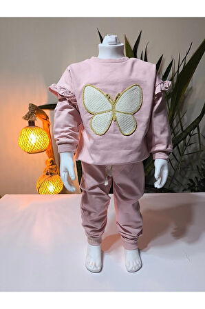 Kız Çocuk Alt Üst Takım Kolu Fırfırlı El Nakışı Kabartma Çiçek %100 Pamuk