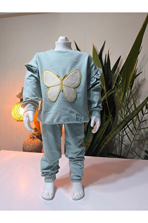 Kız Çocuk Alt Üst Takım Kolu Fırfırlı El Nakışı Kabartma Çiçek %100 Pamuk