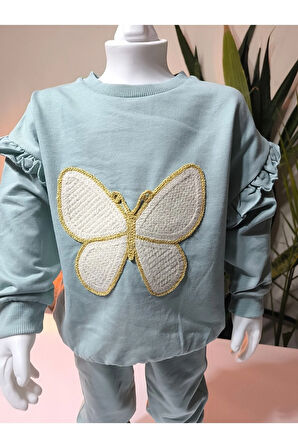 Kız Çocuk Alt Üst Takım Kolu Fırfırlı El Nakışı Kabartma Çiçek %100 Pamuk