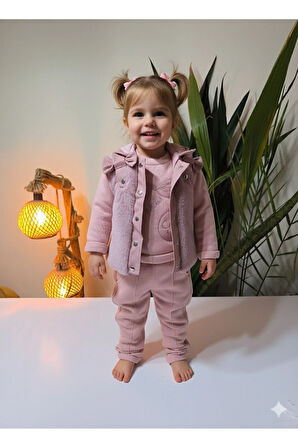 Kız Bebek Peluş Deri Üçlü Takım (Omuzdan ÇıtçıtlıSweatshirt+Deri Detaylı KapşonluYelek+Pantolon)