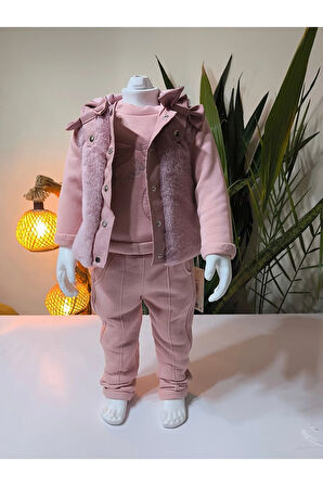 Kız Bebek Peluş Deri Üçlü Takım (Omuzdan ÇıtçıtlıSweatshirt+Deri Detaylı KapşonluYelek+Pantolon)