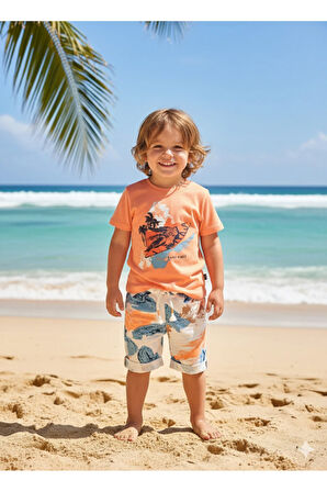 Çocuk Unisex Kız Erkek Şortlu Alt Üst Takım Kreş %100 Pamuk Rahat Tarz Tasarım Premium, Turuncu