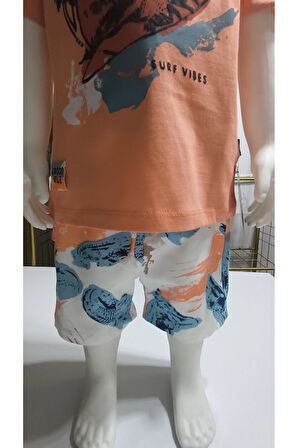 Çocuk Unisex Kız Erkek Şortlu Alt Üst Takım Kreş %100 Pamuk Rahat Tarz Tasarım Premium, Turuncu