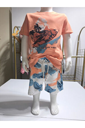 Çocuk Unisex Kız Erkek Şortlu Alt Üst Takım Kreş %100 Pamuk Rahat Tarz Tasarım Premium, Turuncu