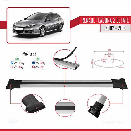 Renault Laguna 3 Estate 2007-2013 Arası ile Uyumlu FLY Model Ara Atkı Tavan Barı Gri 2 Adet