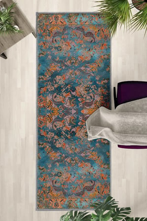 Perla Turkuaz Modern Dijital Baskı Yıkanabilir Kaymaz Yolluk Halı