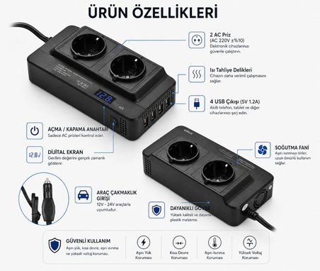 400W 2 AC Çıkışlı 4 USB Portu  Araç Güç Dönüştürücü Araçtan Priz Gücüne