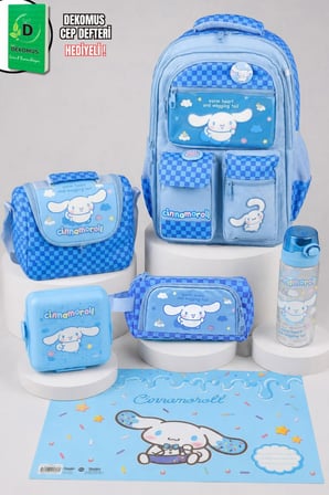 x Dekomus Lisanslı Cinnamoroll Blue Cloud Collection Okul,Termoslu Beslenme ve Kalem Çantası,Matara,Beslenme Kabı,Beslenme Örtüsü Seti