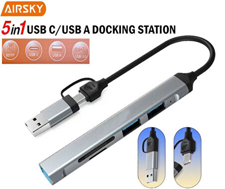Technow USB 3.0/USB 2.0/SD/TF Girişli 5 in 1 Tip-C Çevirici Adaptörü