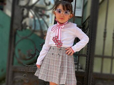 MODAVALS EKOSE KARDEŞ KOMBİN FIRFIR GÖMLEKLİ PAPATYA NAKIŞLI PİLELİ KIZ ÇOCUK ETEKLİ TAKIM - BORDO