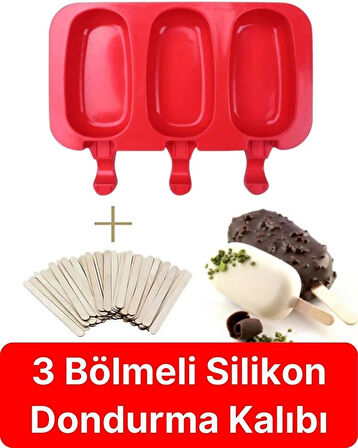  50 Çubuk Hediyeli Dondurma Kabı Magnum Silikon 3'lü Pratik Dondurma Yapma Kalıbı 1 adet