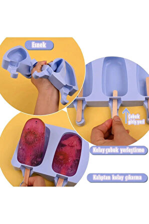  50 Çubuk Hediyeli Dondurma Kabı Magnum Silikon 3'lü Pratik Dondurma Yapma Kalıbı 1 adet