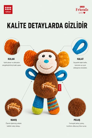 Plush Friendz Serisi Özel Dokulu Sesli Maymun Peluş Köpek Oyuncağı - Küçük Irklar ve Yavru Köpekler İçin