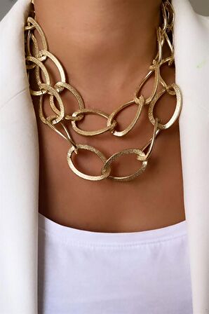 Kalın Halka Model Gold Renk İkili Zincir Kolye