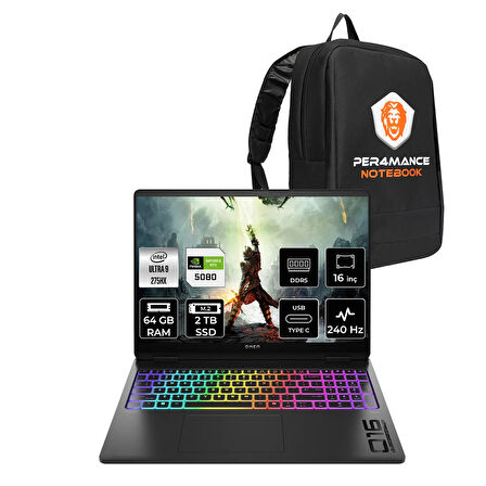 HP OMEN Max 16 Ultra 9 275HX 64GB 2TB SSD RTX5080/16GB 16'' 240Hz WQXGA FDOS Gaming Laptop & ÇANTA